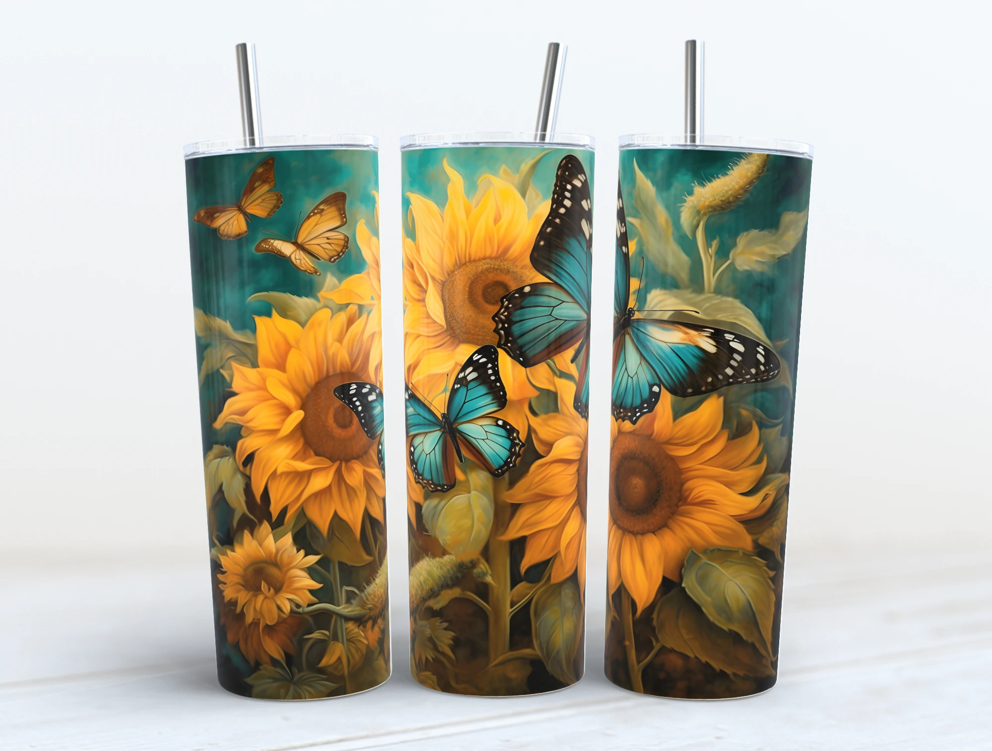 Name 20 Oz Skinny Tumbler Sublimation Design Flowers Butterfly Add Text  Blank Seamless Floral Digital PNG Straight Wrap Waterslide Download 